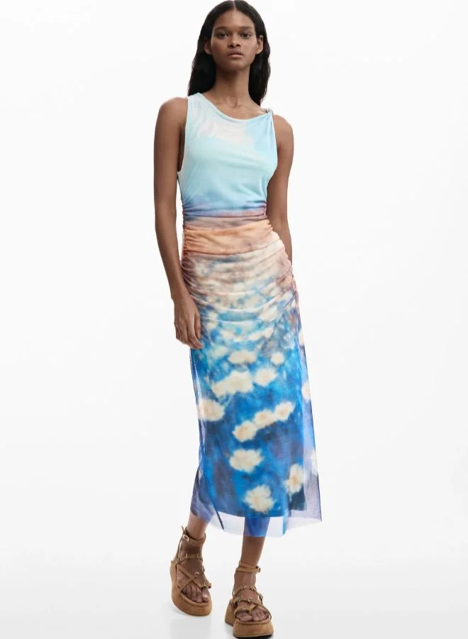 DESIGUAL sky blue and cloud print Draped Waterlily Dress for Women | Best Price UAE